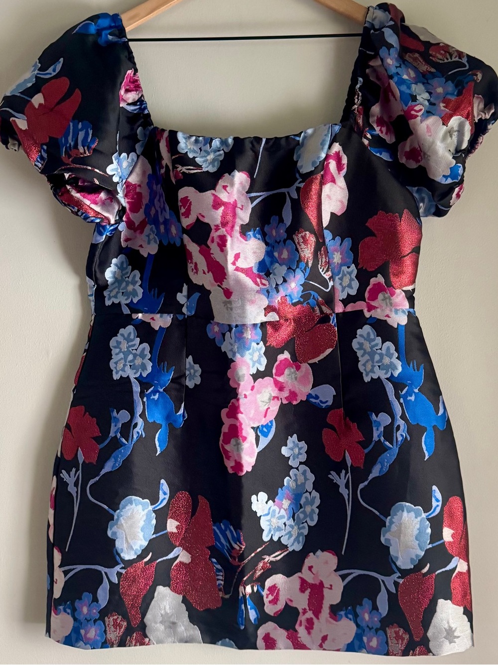 Lulus So Stunning Black Multi Floral Jacquard Puff Sleeve Mini Dress Size XL - Picture 4 of 10